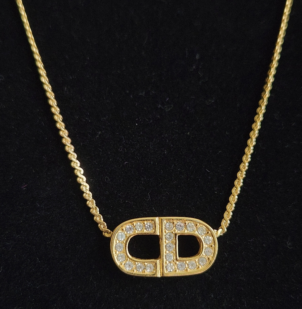 Christian Dior Vintage CD Rhinestone Gold Plated Necklace